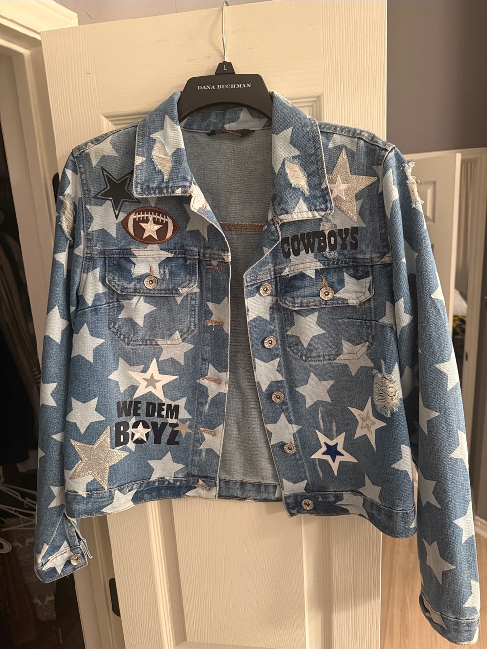 Dallas Cowboys Star-Print Denim Jacket with Patches- Size Large